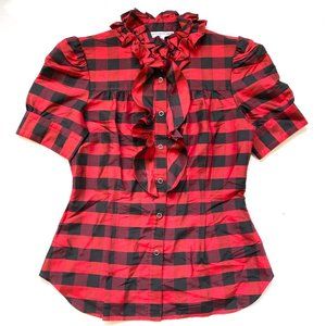 $375 Diane von Furstenberg x Intermix Kailey Buffalo plaid Silk Top Sz 2 XS DVF